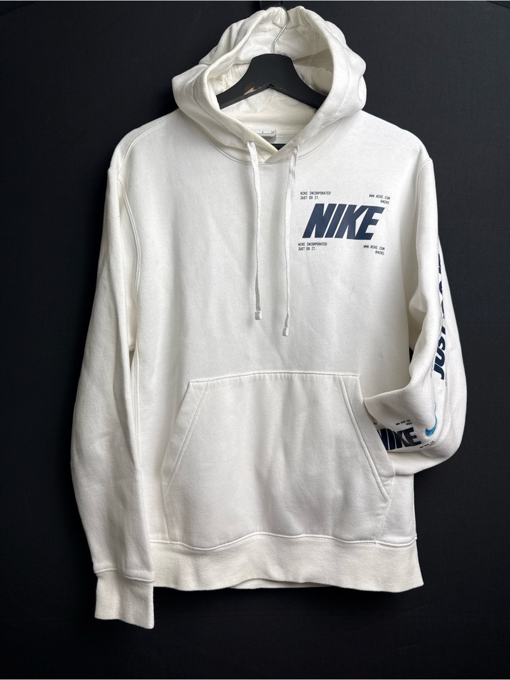 Nike White Hoodie with Navy Logo and Sleeve Graphics